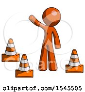 Poster, Art Print Of Orange Design Mascot Man Standing By Traffic Cones Waving
