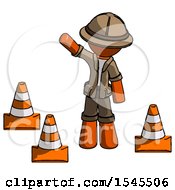 Poster, Art Print Of Orange Explorer Ranger Man Standing By Traffic Cones Waving