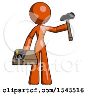 Orange Design Mascot Woman Holding Tools And Toolchest Ready To Work