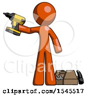 Orange Design Mascot Man Holding Drill Ready To Work Toolchest And Tools To Right