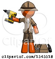 Poster, Art Print Of Orange Explorer Ranger Man Holding Drill Ready To Work Toolchest And Tools To Right