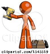 Orange Design Mascot Woman Holding Drill Ready To Work Toolchest And Tools To Right