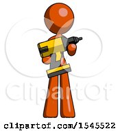 Orange Design Mascot Woman Holding Large Drill