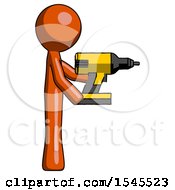 Orange Design Mascot Man Using Drill Drilling Something On Right Side