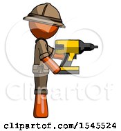 Poster, Art Print Of Orange Explorer Ranger Man Using Drill Drilling Something On Right Side