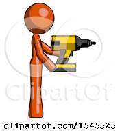 Orange Design Mascot Woman Using Drill Drilling Something On Right Side
