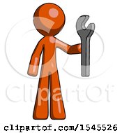 Orange Design Mascot Man Holding Wrench Ready To Repair Or Work