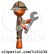 Poster, Art Print Of Orange Explorer Ranger Man Using Wrench Adjusting Something To Right