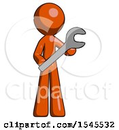 Orange Design Mascot Man Holding Large Wrench With Both Hands