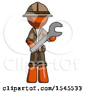 Poster, Art Print Of Orange Explorer Ranger Man Holding Large Wrench With Both Hands