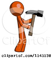 Poster, Art Print Of Orange Design Mascot Man Hammering Something On The Right