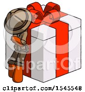 Poster, Art Print Of Orange Explorer Ranger Man Leaning On Gift With Red Bow Angle View