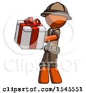 Poster, Art Print Of Orange Explorer Ranger Man Presenting A Present With Large Red Bow On It