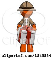 Poster, Art Print Of Orange Explorer Ranger Man Gifting Present With Large Bow Front View
