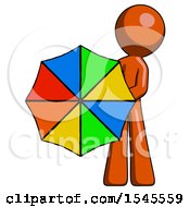 Orange Design Mascot Man Holding Rainbow Umbrella Out To Viewer