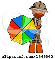 Poster, Art Print Of Orange Explorer Ranger Man Holding Rainbow Umbrella Out To Viewer