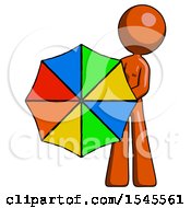 Orange Design Mascot Woman Holding Rainbow Umbrella Out To Viewer
