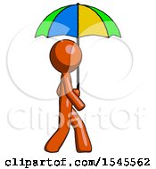 Orange Design Mascot Man Walking With Colored Umbrella