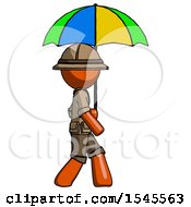 Poster, Art Print Of Orange Explorer Ranger Man Walking With Colored Umbrella