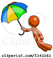 Poster, Art Print Of Orange Design Mascot Man Flying With Rainbow Colored Umbrella