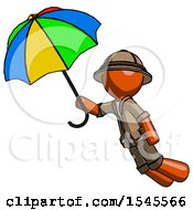 Poster, Art Print Of Orange Explorer Ranger Man Flying With Rainbow Colored Umbrella
