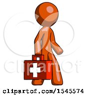 Orange Design Mascot Man Walking With Medical Aid Briefcase To Right