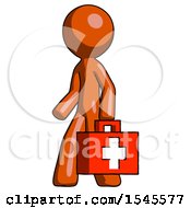Orange Design Mascot Man Walking With Medical Aid Briefcase To Left