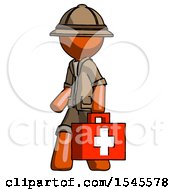 Poster, Art Print Of Orange Explorer Ranger Man Walking With Medical Aid Briefcase To Left