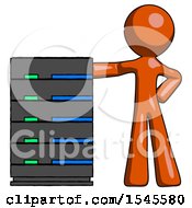 Poster, Art Print Of Orange Design Mascot Man With Server Rack Leaning Confidently Against It