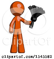Orange Design Mascot Man Holding Feather Duster Facing Forward