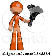 Orange Design Mascot Woman Holding Feather Duster Facing Forward