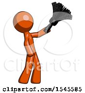 Orange Design Mascot Man Dusting With Feather Duster Upwards
