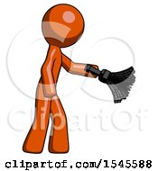 Orange Design Mascot Man Dusting With Feather Duster Downwards