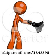 Orange Design Mascot Woman Dusting With Feather Duster Downwards