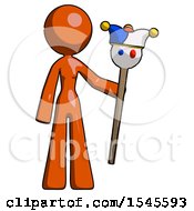Orange Design Mascot Woman Holding Jester Staff