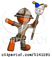 Poster, Art Print Of Orange Explorer Ranger Man Holding Jester Staff Posing Charismatically