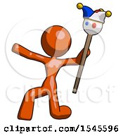 Poster, Art Print Of Orange Design Mascot Woman Holding Jester Staff Posing Charismatically