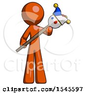 Orange Design Mascot Man Holding Jester Diagonally