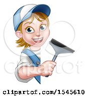 Poster, Art Print Of White Female Window Cleaner Holding A Squeegee Around A Sign