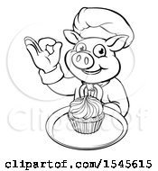 Poster, Art Print Of Lineart Chef Pig Holding A Cupcake On A Tray And Gesturing Okay