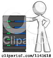 White Design Mascot Woman With Server Rack Leaning Confidently Against It