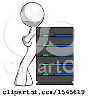 Poster, Art Print Of White Design Mascot Man Resting Against Server Rack