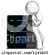 Poster, Art Print Of White Design Mascot Man Resting Against Server Rack Viewed At Angle