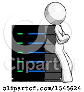 Poster, Art Print Of White Design Mascot Woman Resting Against Server Rack Viewed At Angle