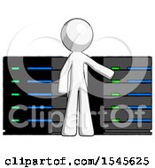 Poster, Art Print Of White Design Mascot Man With Server Racks In Front Of Two Networked Systems