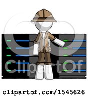 Poster, Art Print Of White Explorer Ranger Man With Server Racks In Front Of Two Networked Systems