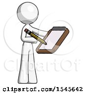 White Design Mascot Woman Using Clipboard And Pencil