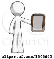 Poster, Art Print Of White Design Mascot Man Showing Clipboard To Viewer