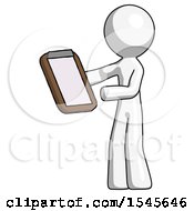 White Design Mascot Man Reviewing Stuff On Clipboard
