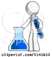 Poster, Art Print Of White Design Mascot Man Holding Test Tube Beside Beaker Or Flask